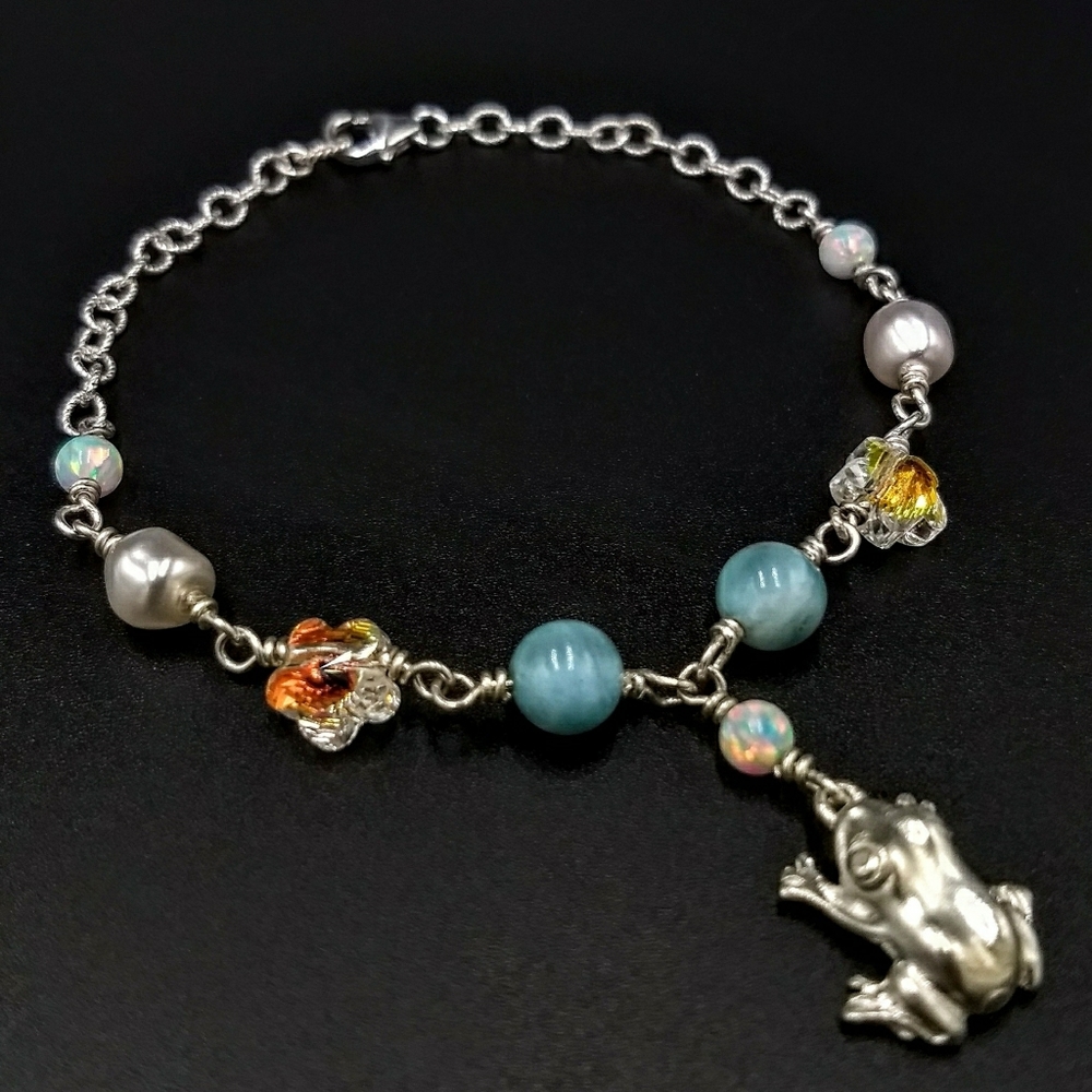 Coqui Frog Larimar & Swarovski Unique Bracelet